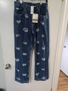 Ragged Jeans Womens 32 Distressed Wide Leg Mid Blue NWT High Rise Denim